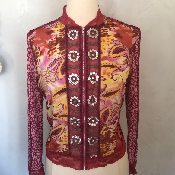 Jaipur Pink,Gold,orange Sheer,lace & sequins animal print jacket Size Medium - Picture 1 of 16